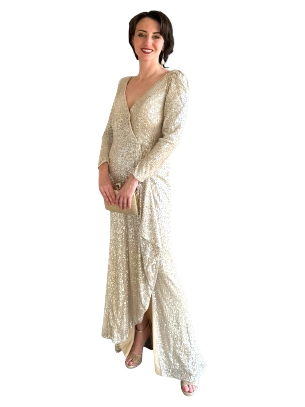 NWT Leena for MacDuggal Gold Sequin V-Neck Long Sleeve Gown SZ:6 Gala Wedding